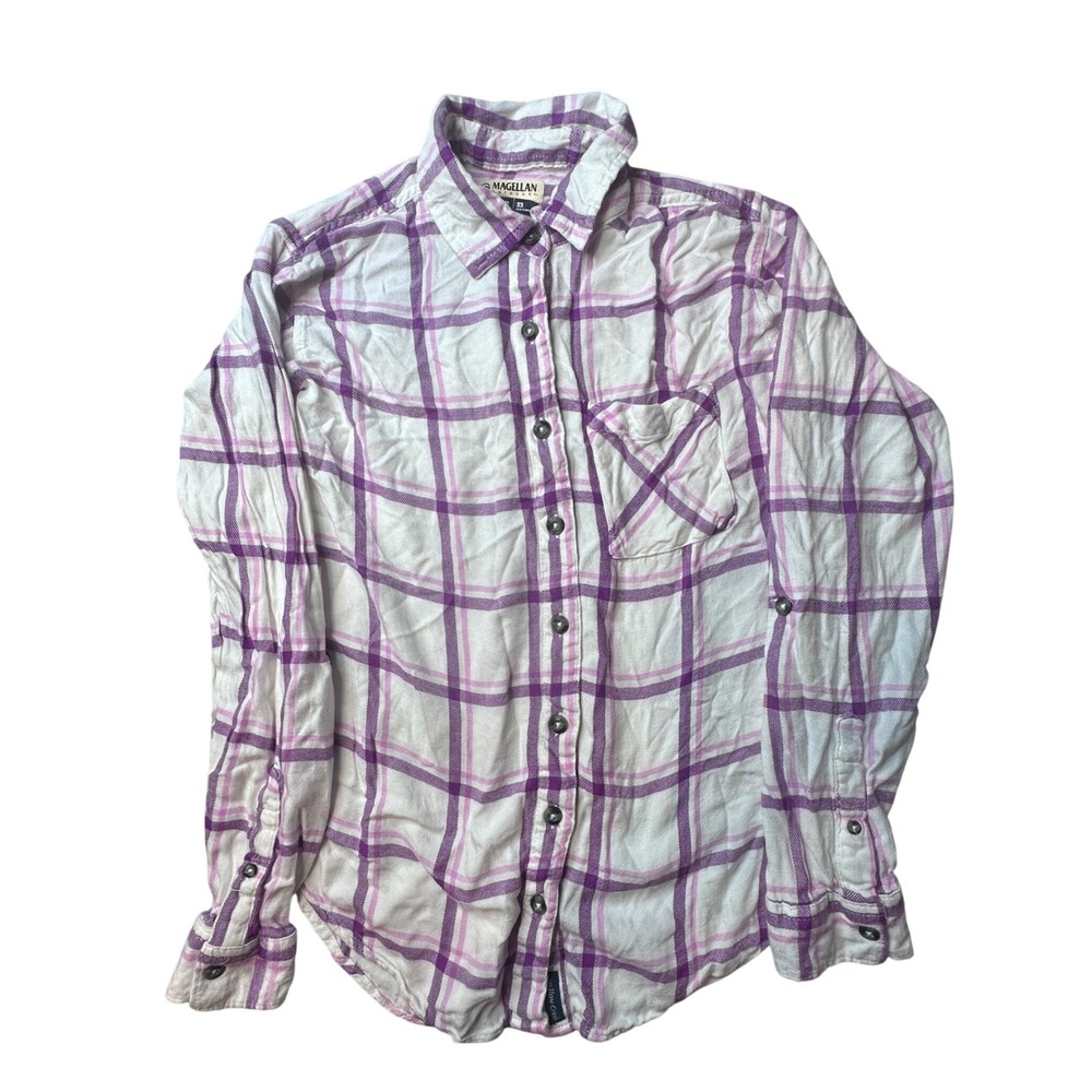 Magellan Outdoors Shirt Womens XS Purple Willow Creek Boyfriend Fit Plaid Button